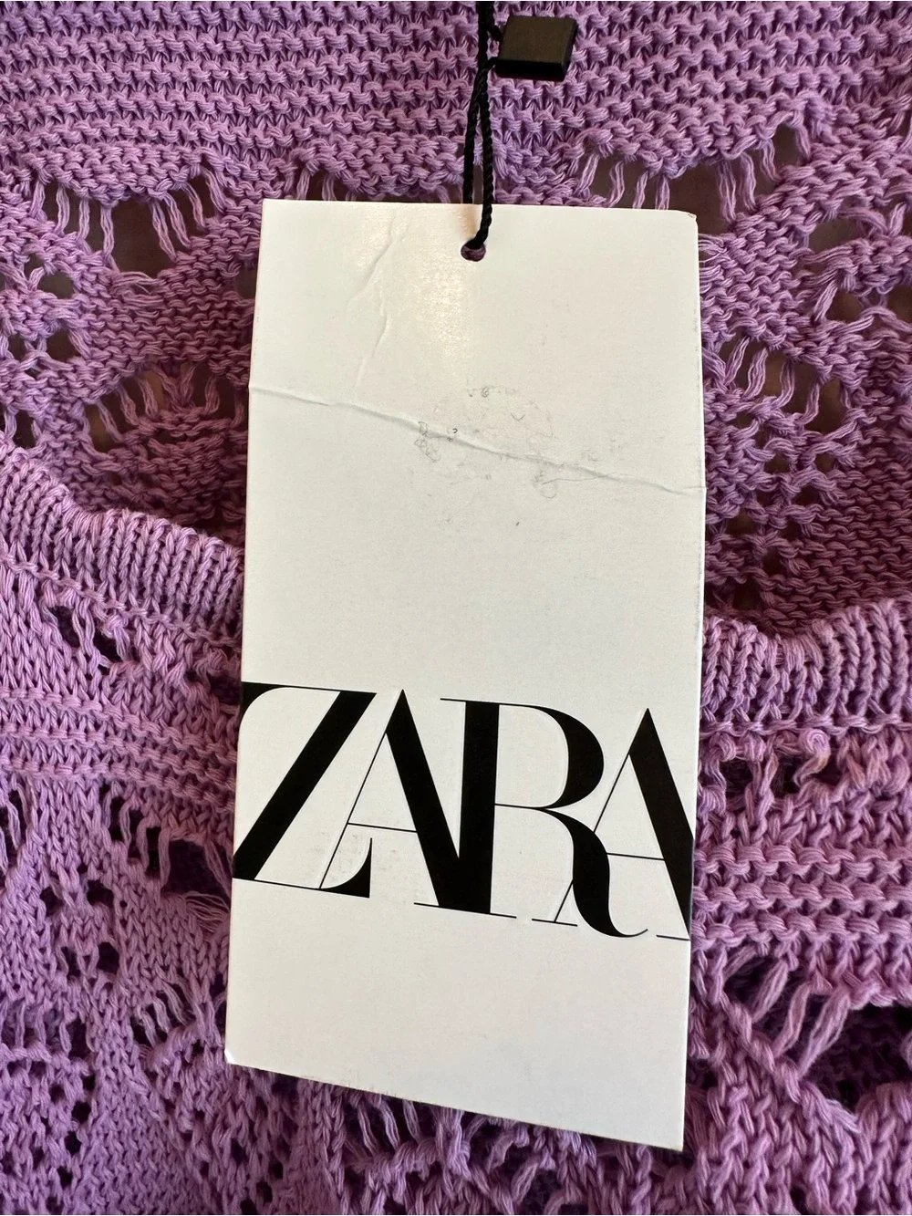 NWT Women’s M Zara Pointelle Knit Crochet Crop Sweater Purple Puff‎ Sleeves